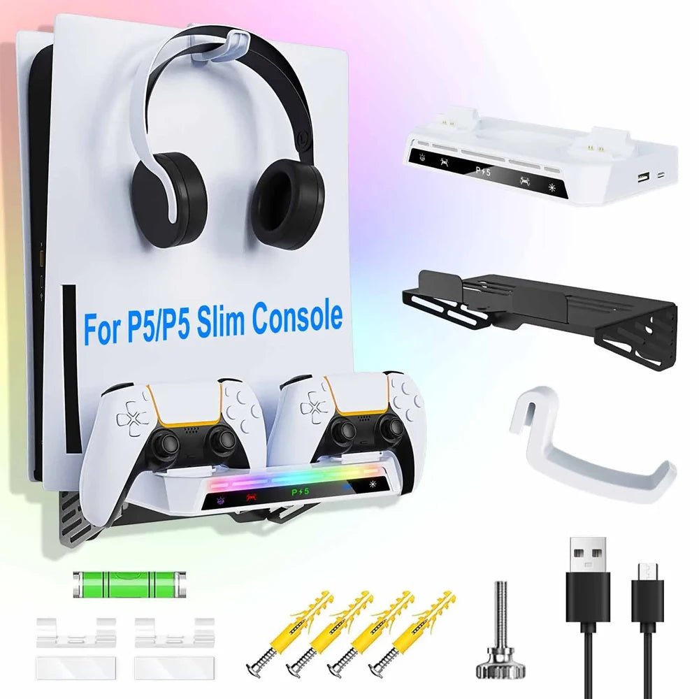 Support Mural pour PS5/Pro/Slim avec Lumière RGB, Station de Charge DualSense & Support Casque – Kit Complet Accessoires Console - GoDiscount