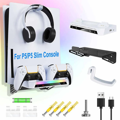 Support Mural pour PS5/Pro/Slim avec Lumière RGB, Station de Charge DualSense & Support Casque – Kit Complet Accessoires Console - GoDiscount