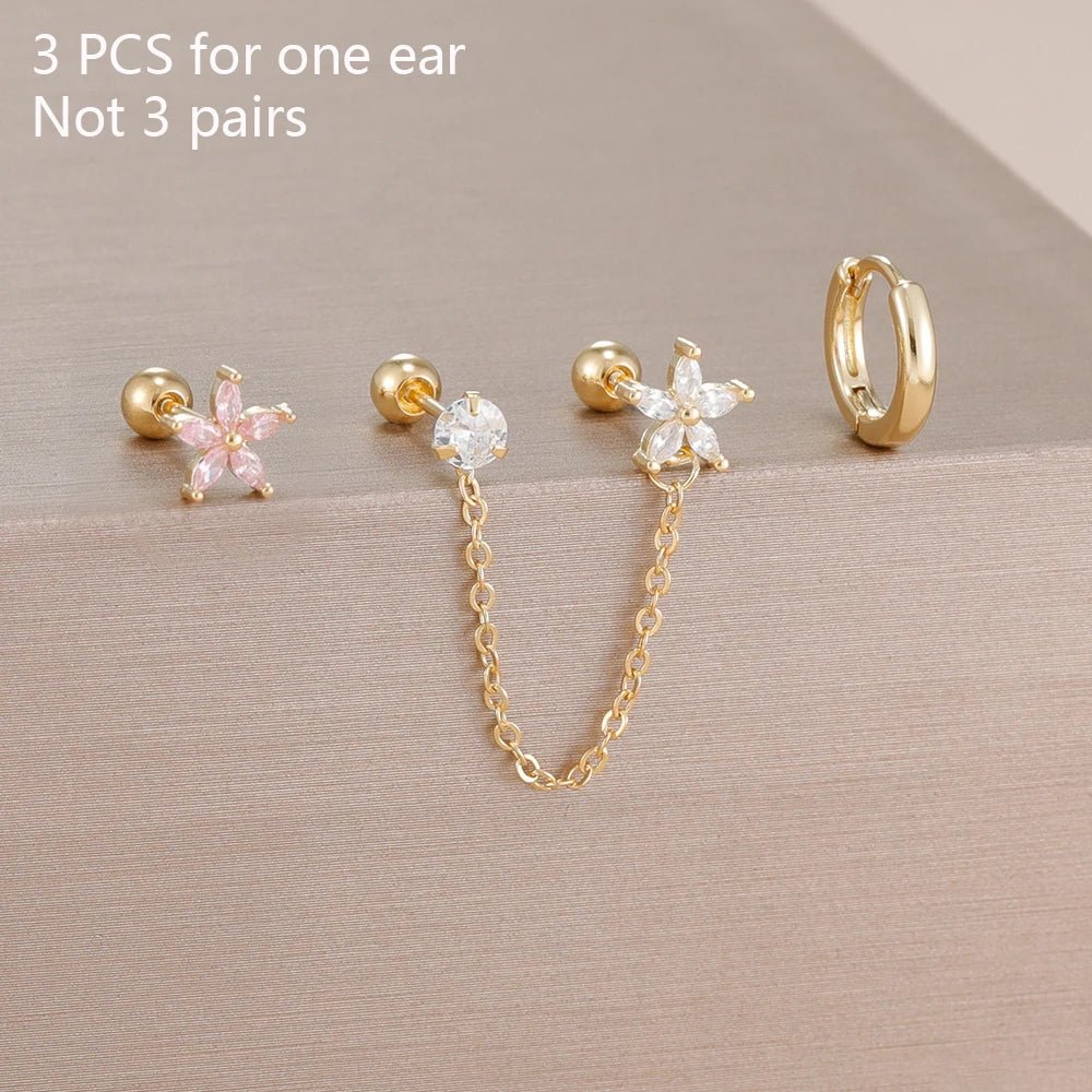 ✨ 3PCS Stainless Steel Zircon Flower & Star Ear Stud Earrings Set – 14K Gold Plated Chain Cartilage Piercing for Women | Elegant Jewelry Set 💎🌸 - GoDiscount