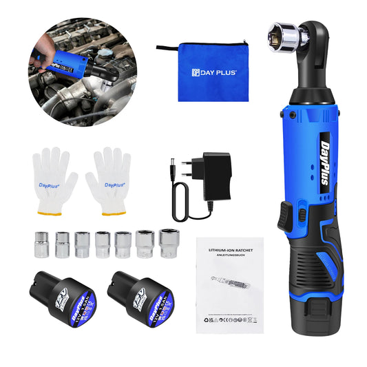 ⚡🔧 Clé à Cliquet Sans Fil 12V – 120Nm | 3/8'' 90° Angle Ratchet avec 2 Batteries & 7 Douilles - GoDiscount