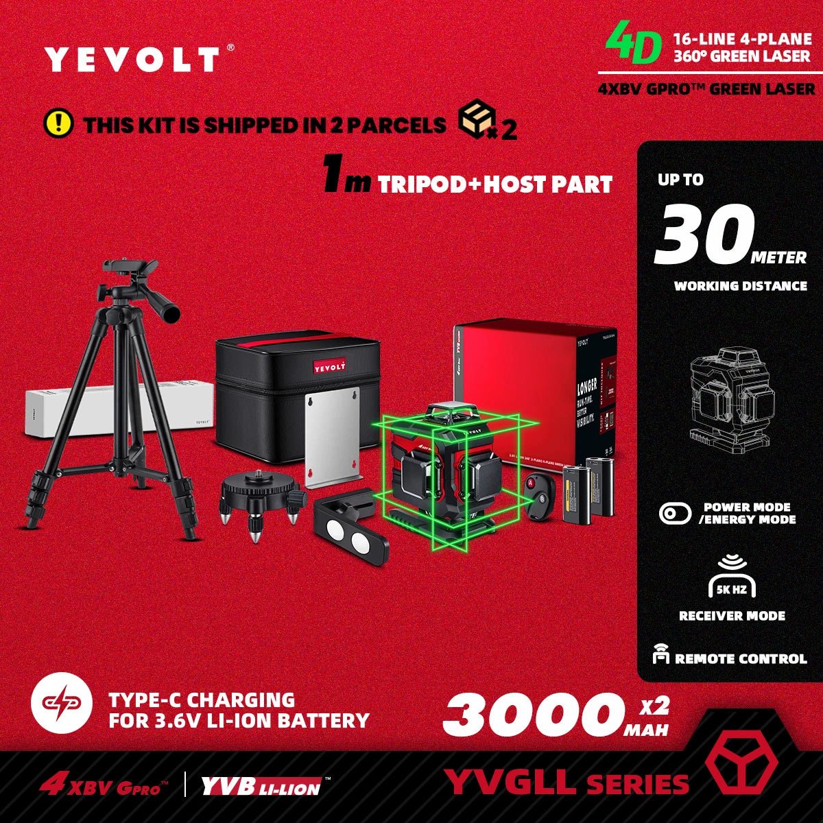 🟢🔭 Niveau Laser 3D 360° – YEVOLT YVGLL4XS16 • 4 Plans • 16 Lignes • Auto - Nivelant Pro - GoDiscount