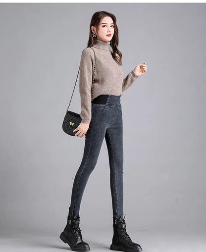 Jeans Femme Taille Haute – Pantalon Crayon Amincissant, Hiver 2023, Pantalon Imitation Jean en Cachemire, Épais et Chaleureux - GoDiscount