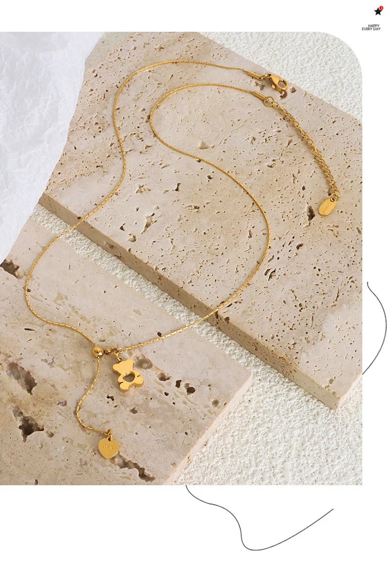 Pendentif Ours Hollow avec Collier Ajustable pour Femmes, en Acier Inoxydable 316L Plaqué Or, Résistant à l'Eau, Collier Élégant pour Filles - GoDiscount