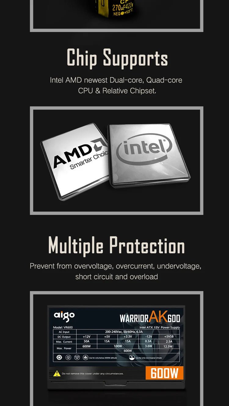 Alimentation PC Gaming Aigo AK 500W–1000W – PSU ATX 220V avec Ventilateur RGB 120mm | Bureau, Gaming & Mining BTC - GoDiscount