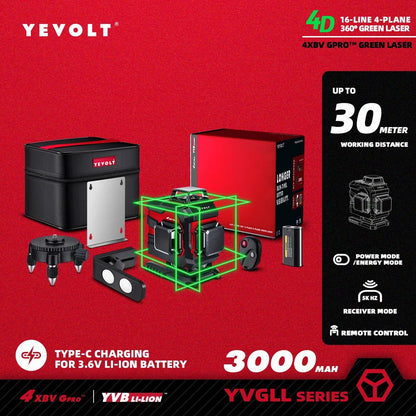 🟢🔭 Niveau Laser 3D 360° – YEVOLT YVGLL4XS16 • 4 Plans • 16 Lignes • Auto - Nivelant Pro - GoDiscount