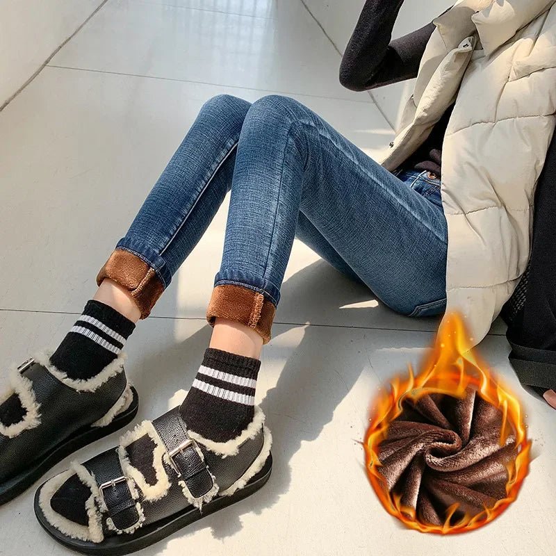 Jean Femme Taille Haute Hiver Épais en Velours – Slim Stretch Chaud Doublé Polaire, Denim Ajusté Casual - GoDiscount