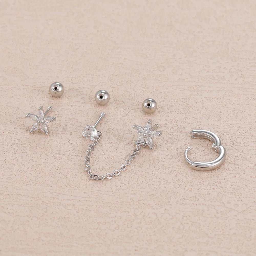 ✨ 3PCS Stainless Steel Zircon Flower & Star Ear Stud Earrings Set – 14K Gold Plated Chain Cartilage Piercing for Women | Elegant Jewelry Set 💎🌸 - GoDiscount