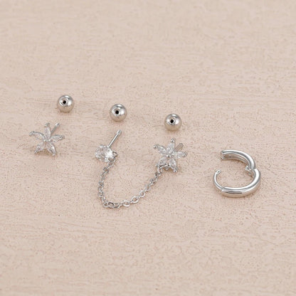 ✨ 3PCS Stainless Steel Zircon Flower & Star Ear Stud Earrings Set – 14K Gold Plated Chain Cartilage Piercing for Women | Elegant Jewelry Set 💎🌸 - GoDiscount
