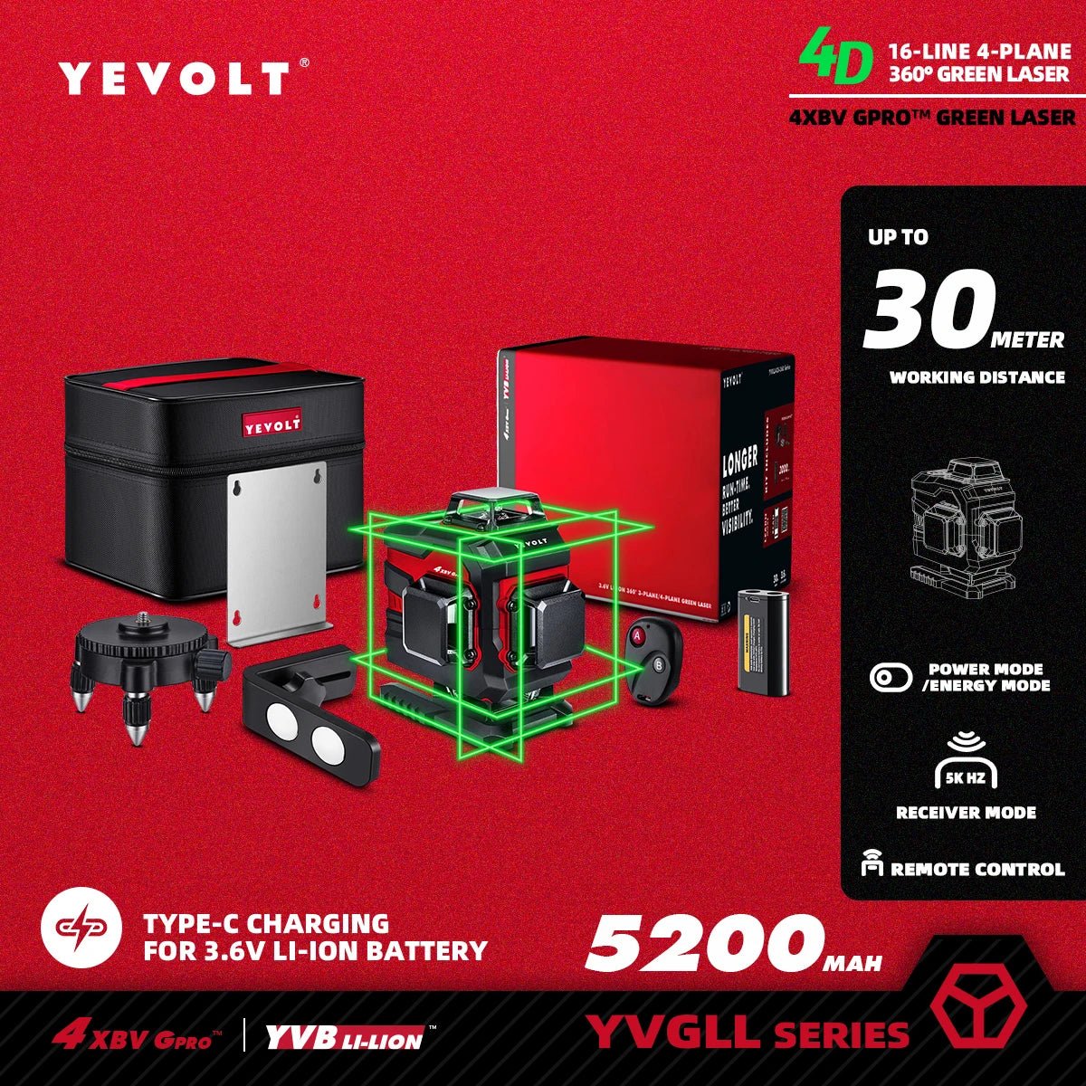 🟢🔭 Niveau Laser 3D 360° – YEVOLT YVGLL4XS16 • 4 Plans • 16 Lignes • Auto - Nivelant Pro - GoDiscount