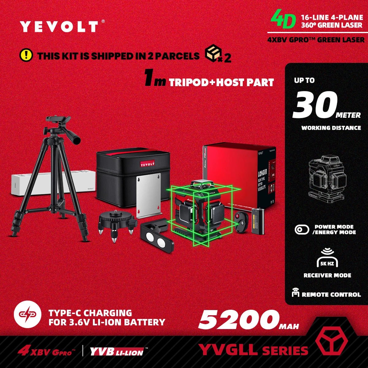 🟢🔭 Niveau Laser 3D 360° – YEVOLT YVGLL4XS16 • 4 Plans • 16 Lignes • Auto - Nivelant Pro - GoDiscount