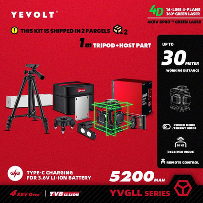 🟢🔭 Niveau Laser 3D 360° – YEVOLT YVGLL4XS16 • 4 Plans • 16 Lignes • Auto - Nivelant Pro - GoDiscount