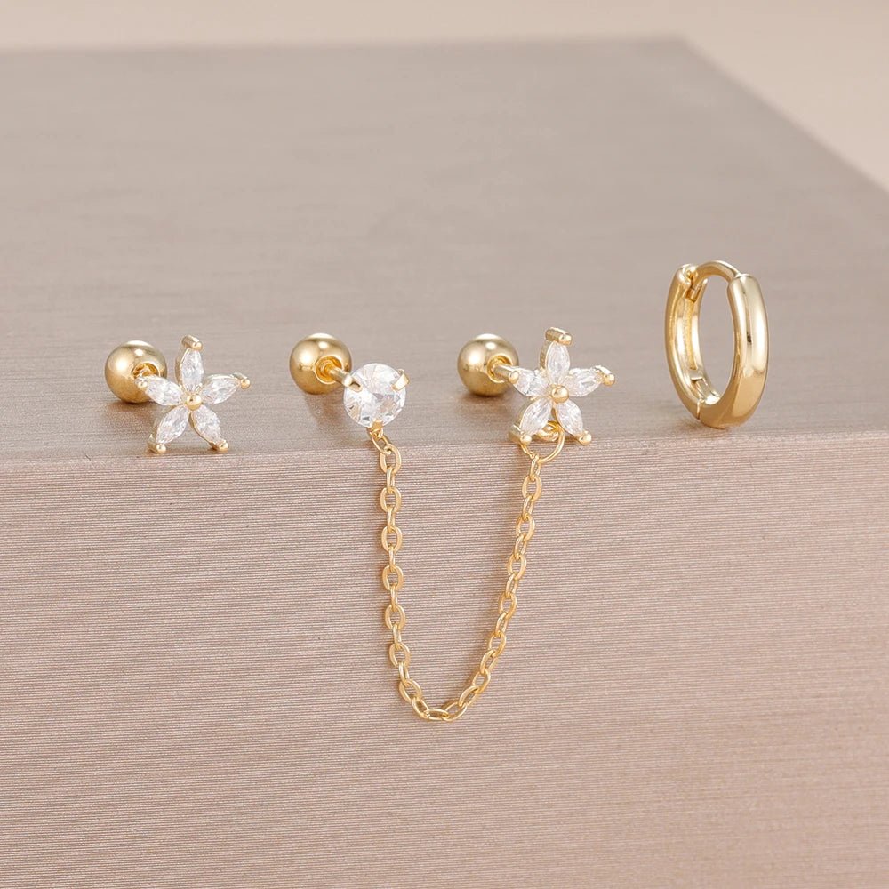 ✨ 3PCS Stainless Steel Zircon Flower & Star Ear Stud Earrings Set – 14K Gold Plated Chain Cartilage Piercing for Women | Elegant Jewelry Set 💎🌸 - GoDiscount