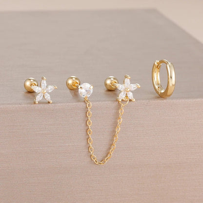 ✨ 3PCS Stainless Steel Zircon Flower & Star Ear Stud Earrings Set – 14K Gold Plated Chain Cartilage Piercing for Women | Elegant Jewelry Set 💎🌸 - GoDiscount