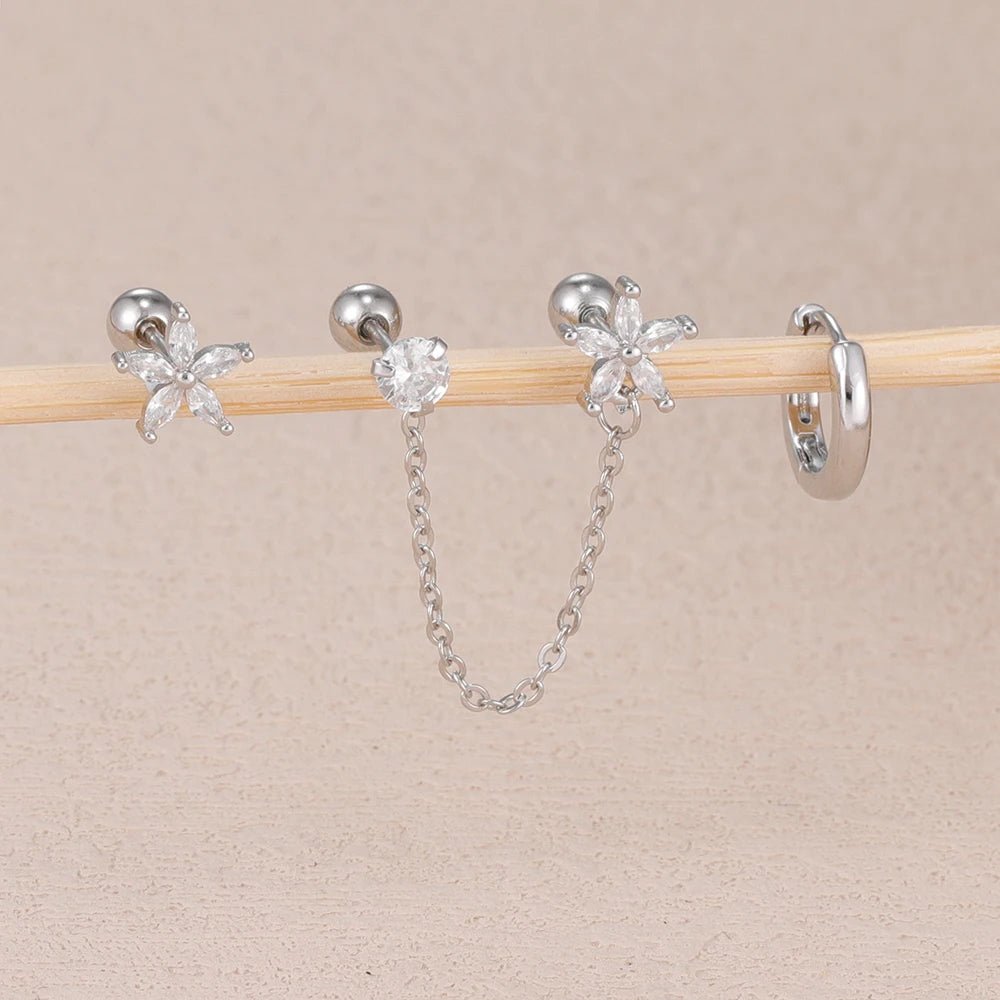 ✨ 3PCS Stainless Steel Zircon Flower & Star Ear Stud Earrings Set – 14K Gold Plated Chain Cartilage Piercing for Women | Elegant Jewelry Set 💎🌸 - GoDiscount
