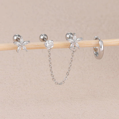 ✨ 3PCS Stainless Steel Zircon Flower & Star Ear Stud Earrings Set – 14K Gold Plated Chain Cartilage Piercing for Women | Elegant Jewelry Set 💎🌸 - GoDiscount