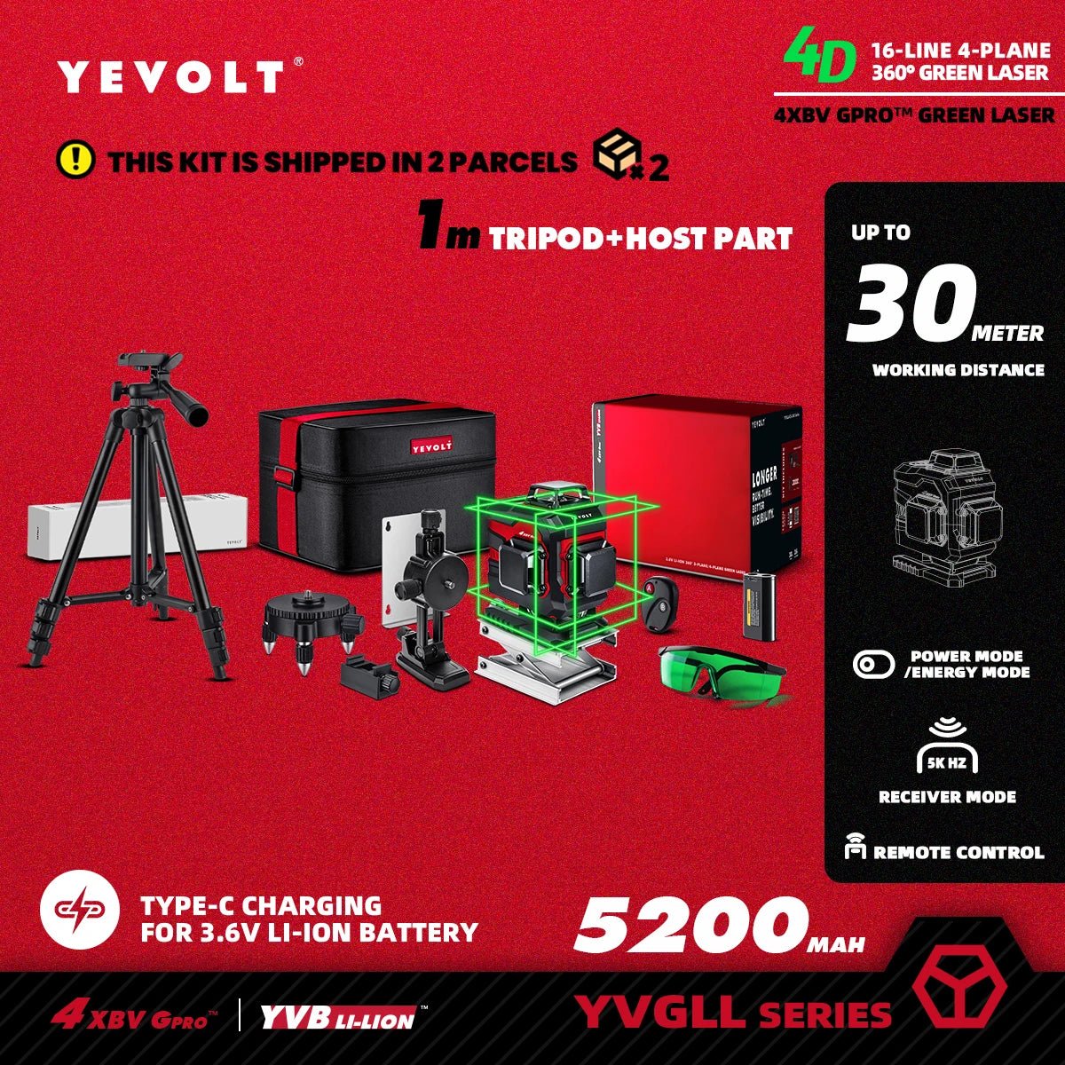 🟢🔭 Niveau Laser 3D 360° – YEVOLT YVGLL4XS16 • 4 Plans • 16 Lignes • Auto - Nivelant Pro - GoDiscount
