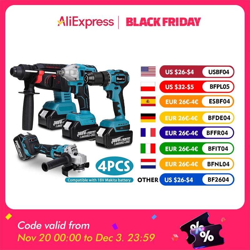 Drillpro Electric Power Tool Set 800N.M Electric Wrench Rotary Hammer 13mm Power Drill 125mm Angle Grinder For Mak 18V - GoDiscount