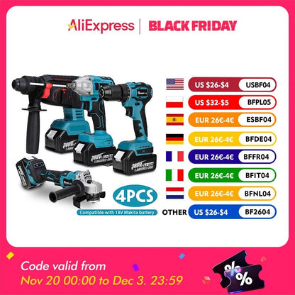 Drillpro Electric Power Tool Set 800N.M Electric Wrench Rotary Hammer 13mm Power Drill 125mm Angle Grinder For Mak 18V - GoDiscount