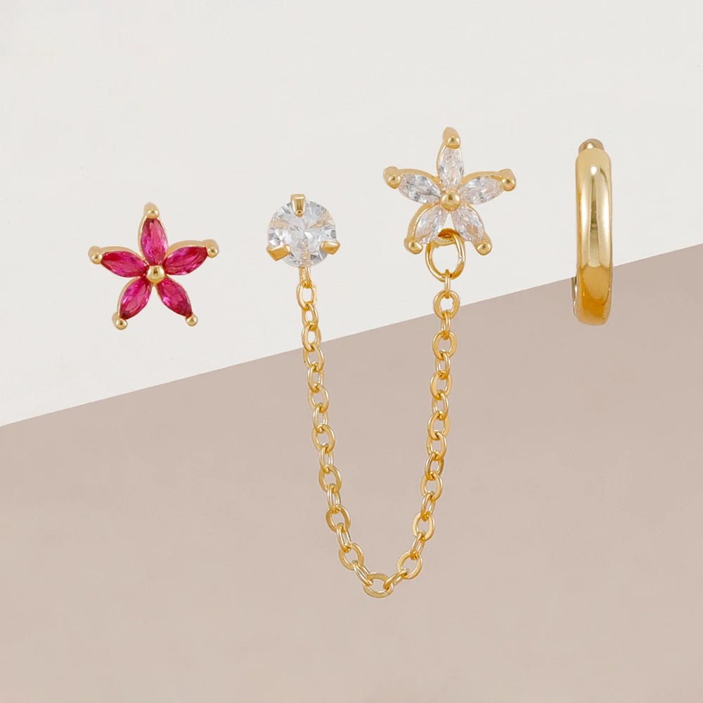 ✨ 3PCS Stainless Steel Zircon Flower & Star Ear Stud Earrings Set – 14K Gold Plated Chain Cartilage Piercing for Women | Elegant Jewelry Set 💎🌸 - GoDiscount