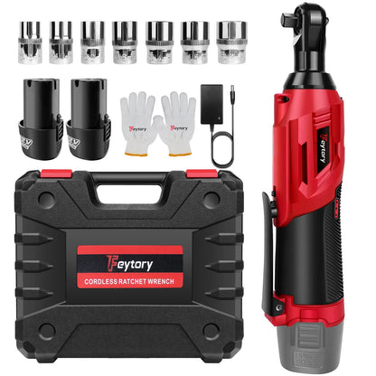 Feytory 200Nm Cordless Ratchet Wrench Set 90° with 2 x 1500mAh Lithium - Ion Batteries, 3/8'' Angle Wrench with 7pcs Sockets Set - GoDiscount