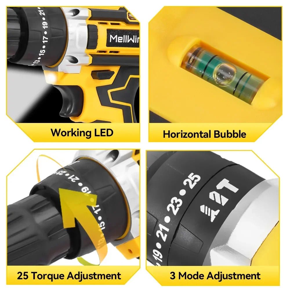 MELLWIN 25+3 Torque Cordless Electric Impact Drill Set Multipurpose Electric Screwdriver Tool Sets For Makita 18V Battery Pin - GoDiscount