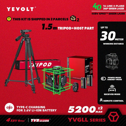 🟢🔭 Niveau Laser 3D 360° – YEVOLT YVGLL4XS16 • 4 Plans • 16 Lignes • Auto - Nivelant Pro - GoDiscount