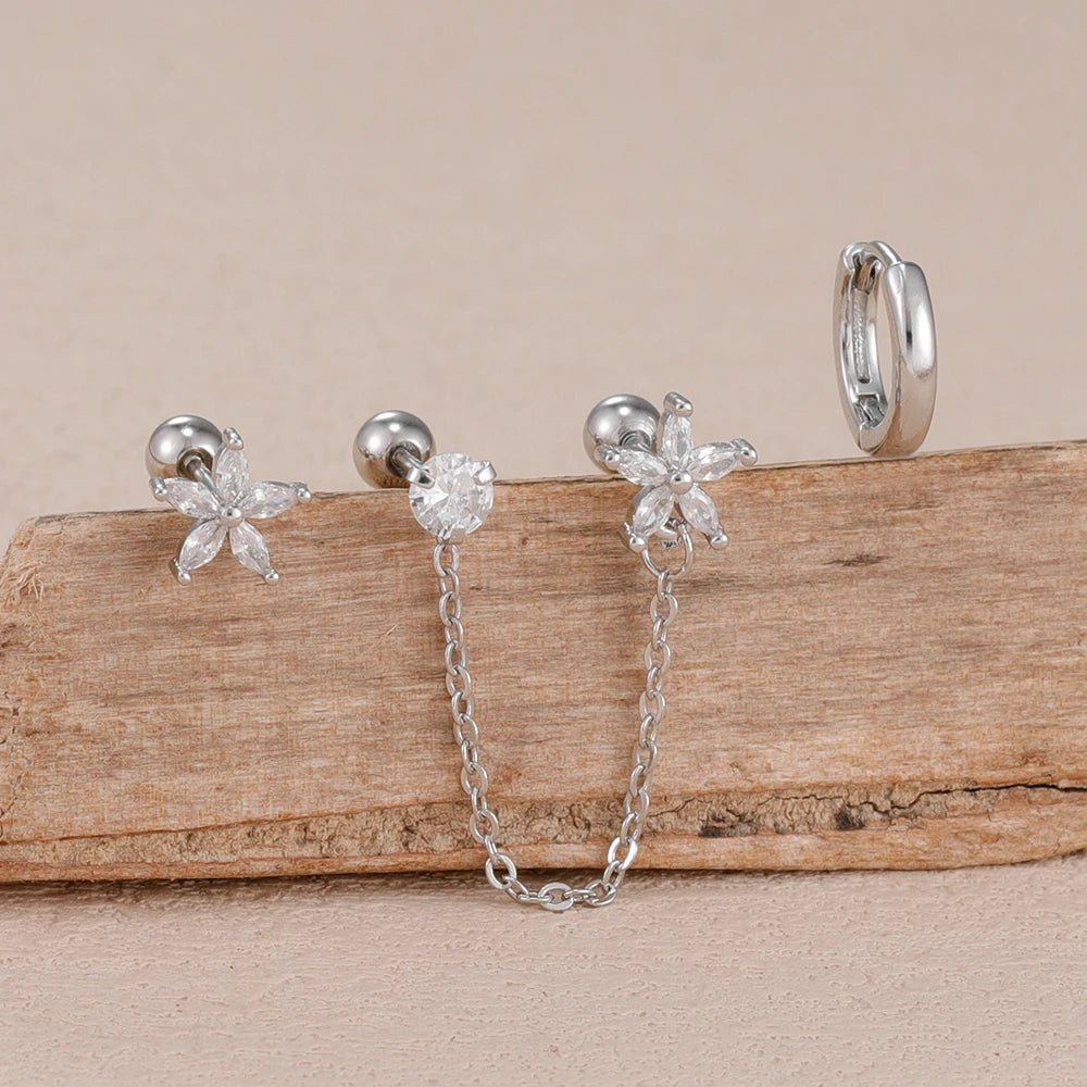 ✨ 3PCS Stainless Steel Zircon Flower & Star Ear Stud Earrings Set – 14K Gold Plated Chain Cartilage Piercing for Women | Elegant Jewelry Set 💎🌸 - GoDiscount