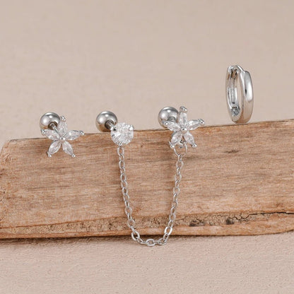 ✨ 3PCS Stainless Steel Zircon Flower & Star Ear Stud Earrings Set – 14K Gold Plated Chain Cartilage Piercing for Women | Elegant Jewelry Set 💎🌸 - GoDiscount