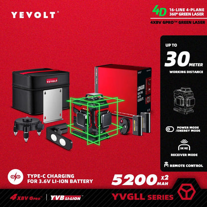 🟢🔭 Niveau Laser 3D 360° – YEVOLT YVGLL4XS16 • 4 Plans • 16 Lignes • Auto - Nivelant Pro - GoDiscount
