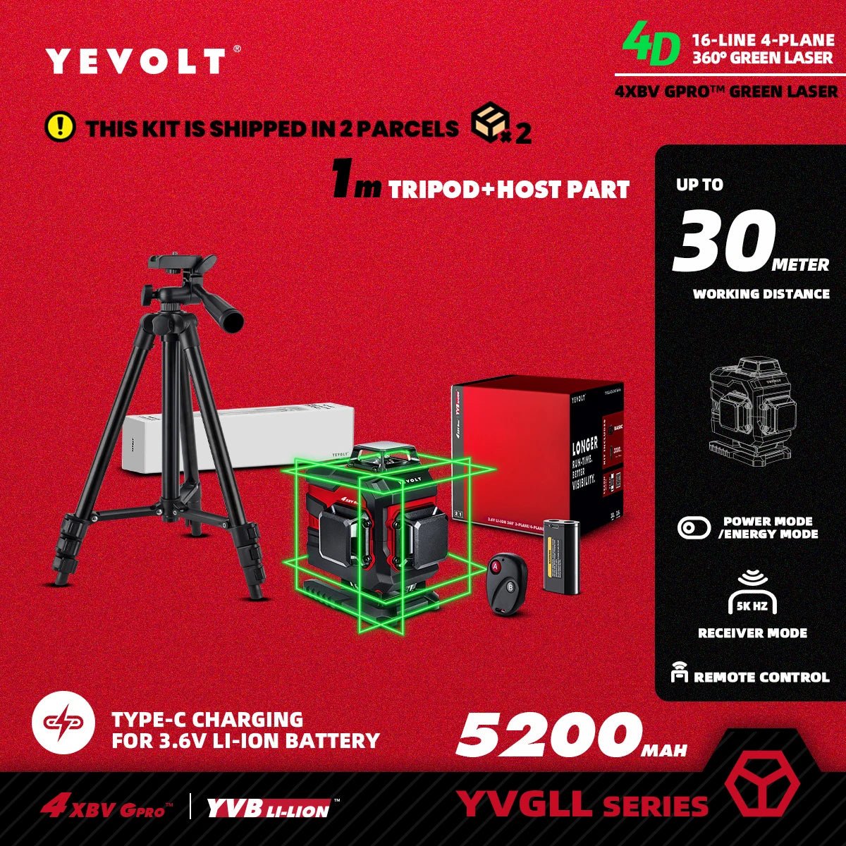 🟢🔭 Niveau Laser 3D 360° – YEVOLT YVGLL4XS16 • 4 Plans • 16 Lignes • Auto - Nivelant Pro - GoDiscount