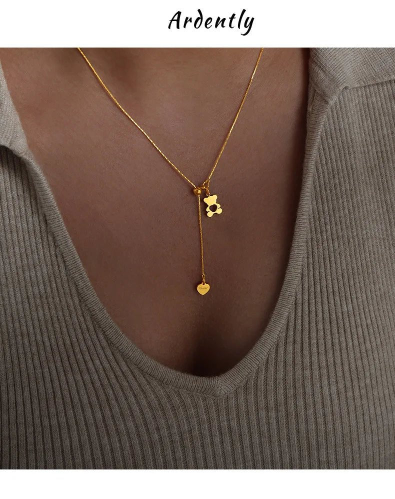 Pendentif Ours Hollow avec Collier Ajustable pour Femmes, en Acier Inoxydable 316L Plaqué Or, Résistant à l'Eau, Collier Élégant pour Filles - GoDiscount