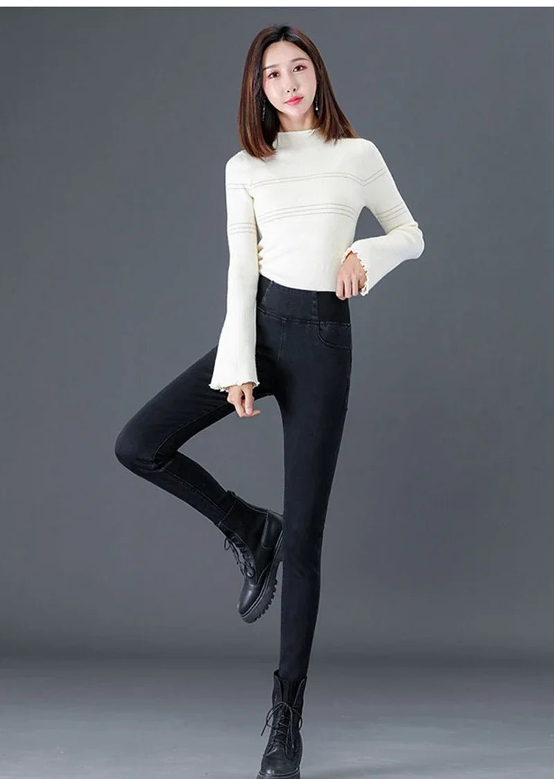 Jeans Femme Taille Haute – Pantalon Crayon Amincissant, Hiver 2023, Pantalon Imitation Jean en Cachemire, Épais et Chaleureux - GoDiscount