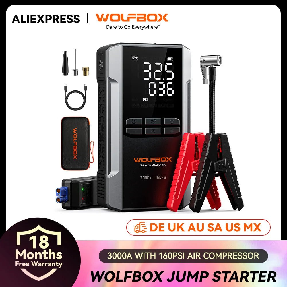 "WOLFBOX 3000A Jump Starter avec Compresseur d'Air, 16000mAh & 160PSI, Démarreur de Batterie Portable Voiture avec Charge Rapide 65W" - GoDiscount