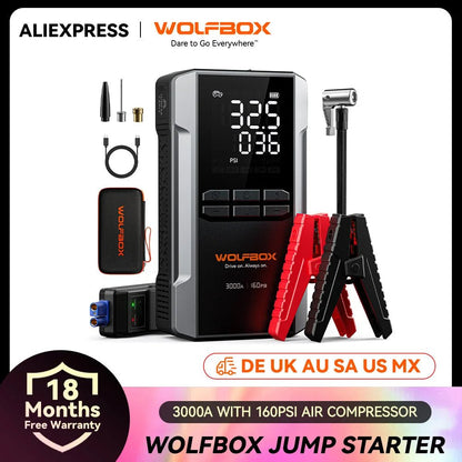 "WOLFBOX 3000A Jump Starter avec Compresseur d'Air, 16000mAh & 160PSI, Démarreur de Batterie Portable Voiture avec Charge Rapide 65W" - GoDiscount