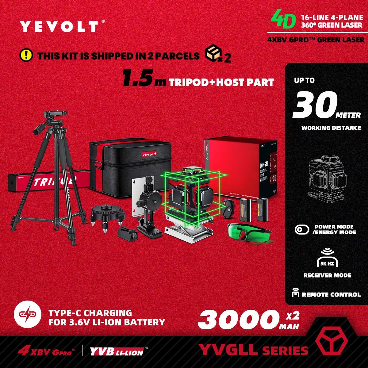 🟢🔭 Niveau Laser 3D 360° – YEVOLT YVGLL4XS16 • 4 Plans • 16 Lignes • Auto - Nivelant Pro - GoDiscount