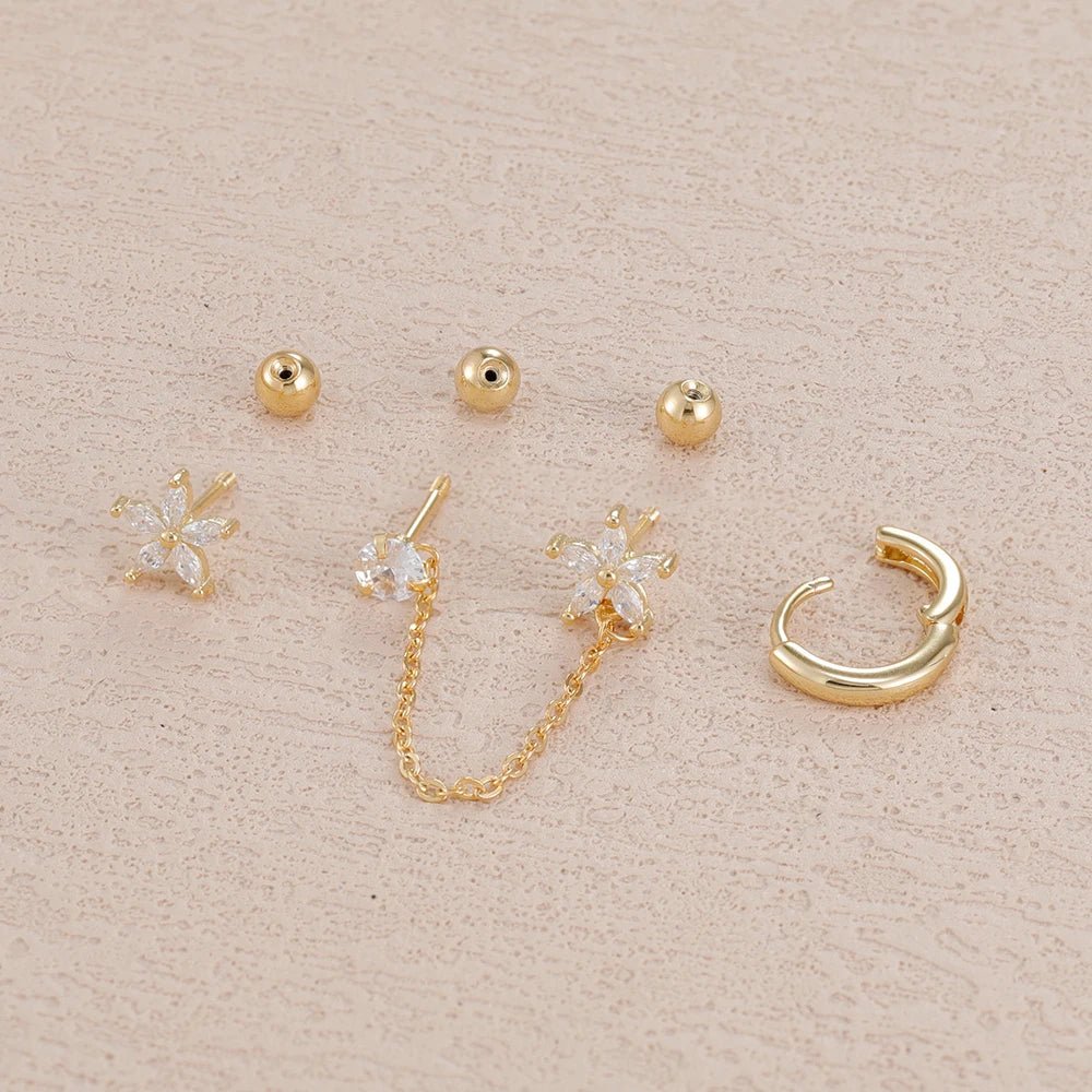 ✨ 3PCS Stainless Steel Zircon Flower & Star Ear Stud Earrings Set – 14K Gold Plated Chain Cartilage Piercing for Women | Elegant Jewelry Set 💎🌸 - GoDiscount