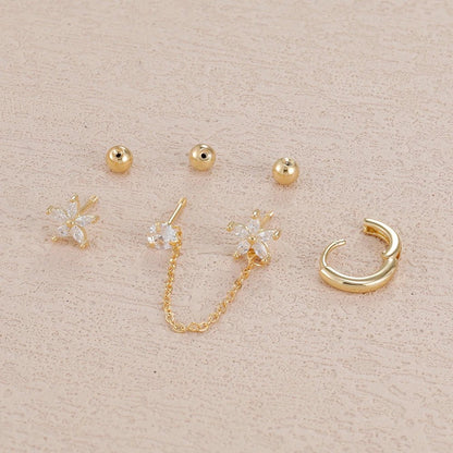 ✨ 3PCS Stainless Steel Zircon Flower & Star Ear Stud Earrings Set – 14K Gold Plated Chain Cartilage Piercing for Women | Elegant Jewelry Set 💎🌸 - GoDiscount