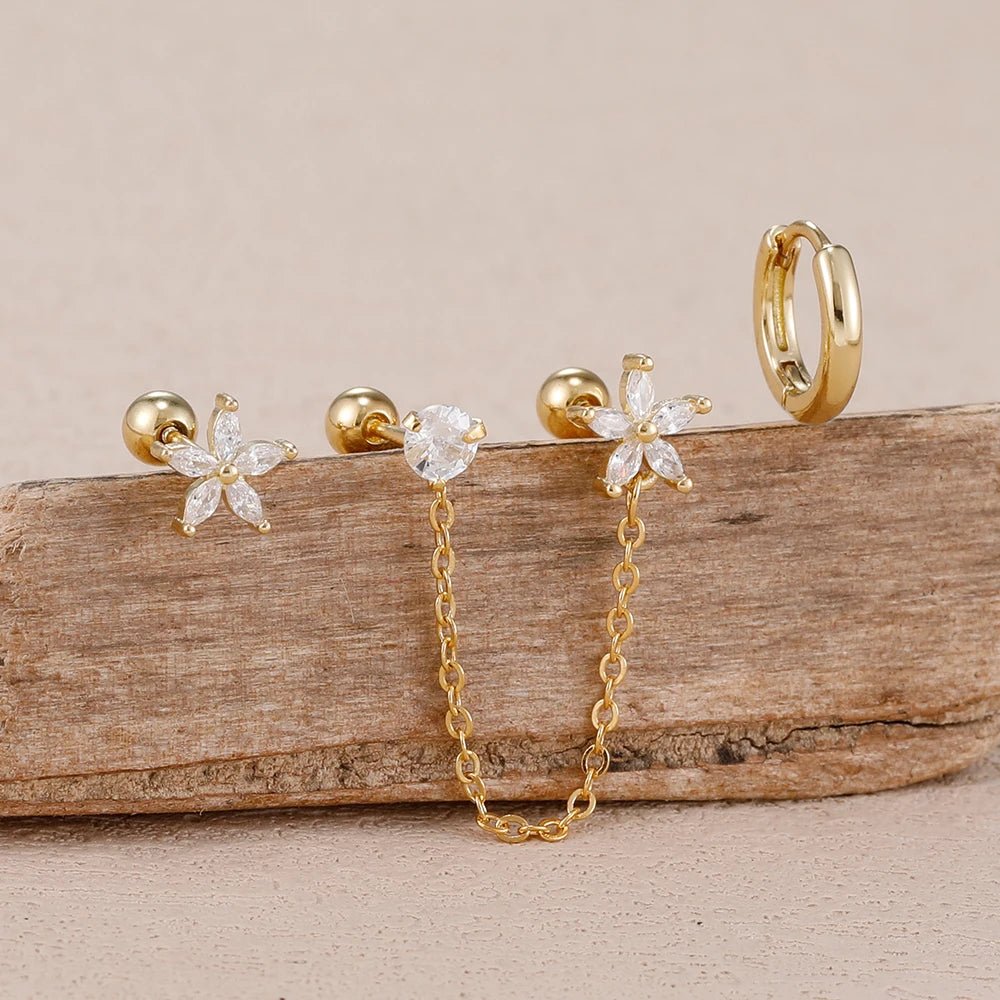 ✨ 3PCS Stainless Steel Zircon Flower & Star Ear Stud Earrings Set – 14K Gold Plated Chain Cartilage Piercing for Women | Elegant Jewelry Set 💎🌸 - GoDiscount