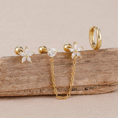 ✨ 3PCS Stainless Steel Zircon Flower & Star Ear Stud Earrings Set – 14K Gold Plated Chain Cartilage Piercing for Women | Elegant Jewelry Set 💎🌸 - GoDiscount