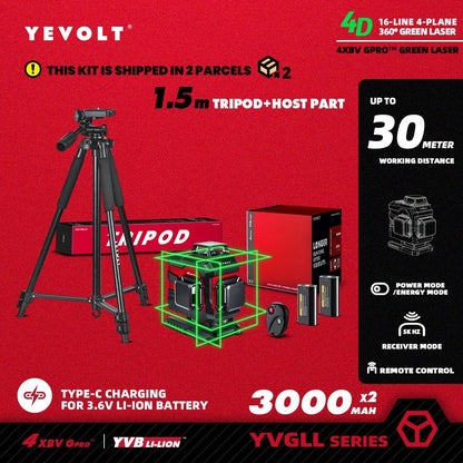 🟢🔭 Niveau Laser 3D 360° – YEVOLT YVGLL4XS16 • 4 Plans • 16 Lignes • Auto - Nivelant Pro - GoDiscount