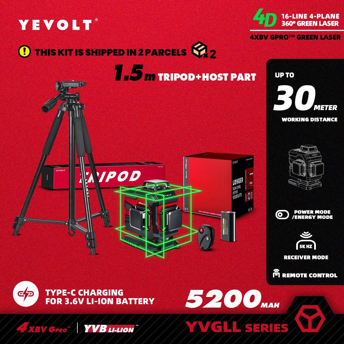 🟢🔭 Niveau Laser 3D 360° – YEVOLT YVGLL4XS16 • 4 Plans • 16 Lignes • Auto - Nivelant Pro - GoDiscount