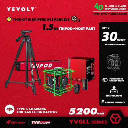 🟢🔭 Niveau Laser 3D 360° – YEVOLT YVGLL4XS16 • 4 Plans • 16 Lignes • Auto - Nivelant Pro - GoDiscount
