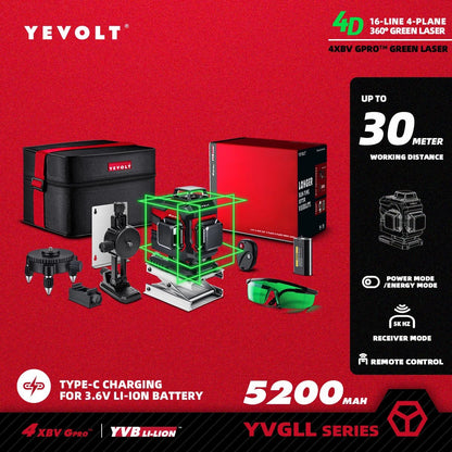 🟢🔭 Niveau Laser 3D 360° – YEVOLT YVGLL4XS16 • 4 Plans • 16 Lignes • Auto - Nivelant Pro - GoDiscount