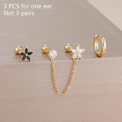 ✨ 3PCS Stainless Steel Zircon Flower & Star Ear Stud Earrings Set – 14K Gold Plated Chain Cartilage Piercing for Women | Elegant Jewelry Set 💎🌸 - GoDiscount
