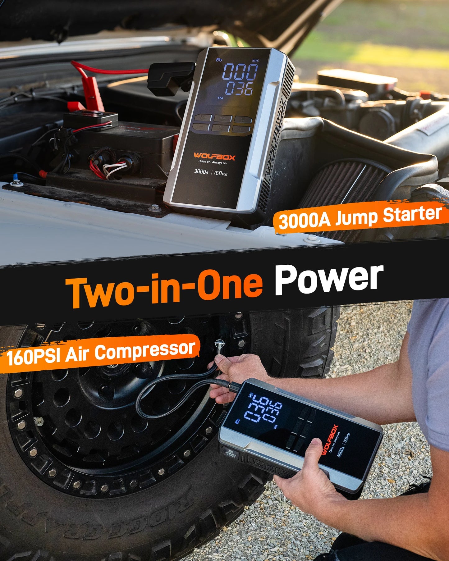 "WOLFBOX 3000A Jump Starter avec Compresseur d'Air, 16000mAh & 160PSI, Démarreur de Batterie Portable Voiture avec Charge Rapide 65W" - GoDiscount