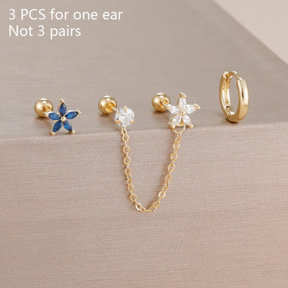✨ 3PCS Stainless Steel Zircon Flower & Star Ear Stud Earrings Set – 14K Gold Plated Chain Cartilage Piercing for Women | Elegant Jewelry Set 💎🌸 - GoDiscount