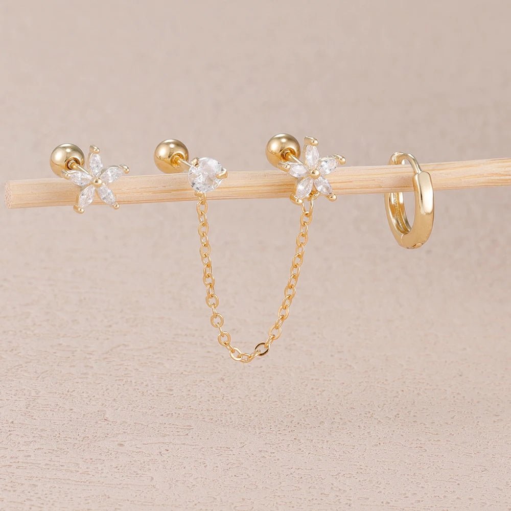 ✨ 3PCS Stainless Steel Zircon Flower & Star Ear Stud Earrings Set – 14K Gold Plated Chain Cartilage Piercing for Women | Elegant Jewelry Set 💎🌸 - GoDiscount