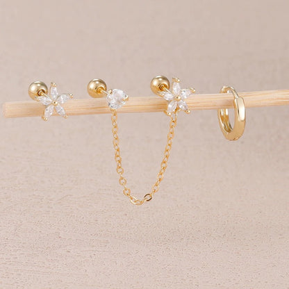 ✨ 3PCS Stainless Steel Zircon Flower & Star Ear Stud Earrings Set – 14K Gold Plated Chain Cartilage Piercing for Women | Elegant Jewelry Set 💎🌸 - GoDiscount