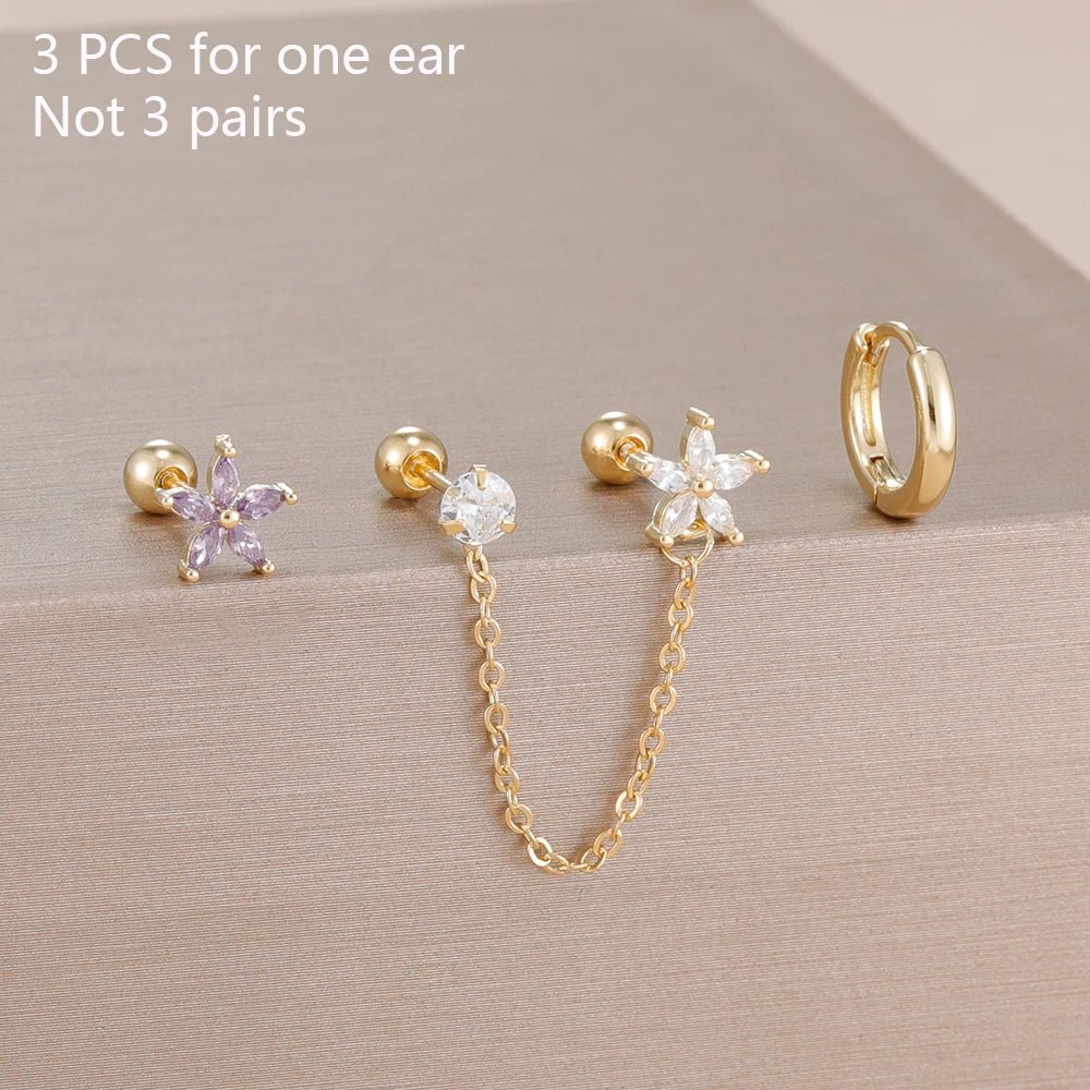 ✨ 3PCS Stainless Steel Zircon Flower & Star Ear Stud Earrings Set – 14K Gold Plated Chain Cartilage Piercing for Women | Elegant Jewelry Set 💎🌸 - GoDiscount