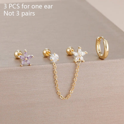 ✨ 3PCS Stainless Steel Zircon Flower & Star Ear Stud Earrings Set – 14K Gold Plated Chain Cartilage Piercing for Women | Elegant Jewelry Set 💎🌸 - GoDiscount